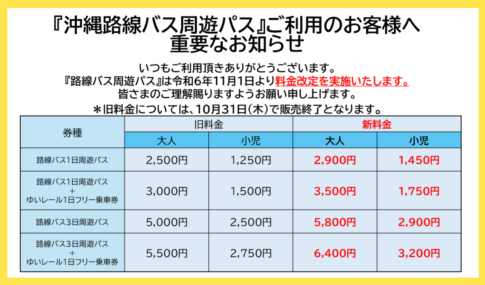 料金改定のお知らせ　沖縄路線バス　周遊パス（券）｜那覇バス・沖縄バス・東陽バス・琉球バス交通が乗り放題！