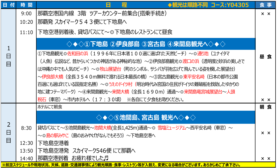 スケジュール 【添乗員同行】宮古満喫2日間~下地島・伊良部島・宮古島・来間島・池間島~5島巡り【遊タイムツアー】 スケジュール 【添乗員同行】宮古満喫2日間~下地島・伊良部島・宮古島・来間島・池間島~5島巡り【遊タイムツアー】