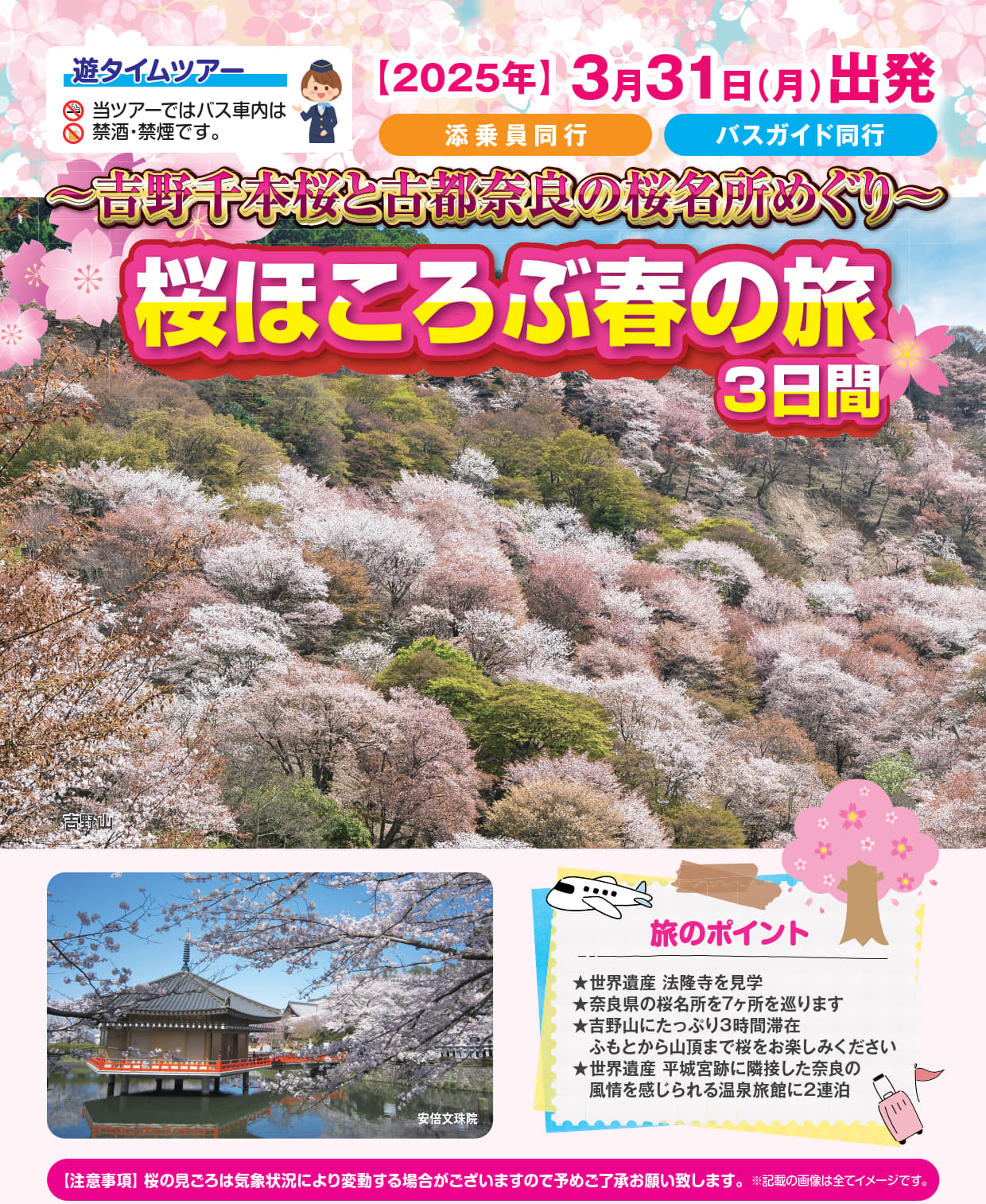 <添乗員同行>～吉野千本桜と古都奈良の桜名所めぐり～桜ほころぶ春の旅３日間　那覇発【遊タイムツアー】