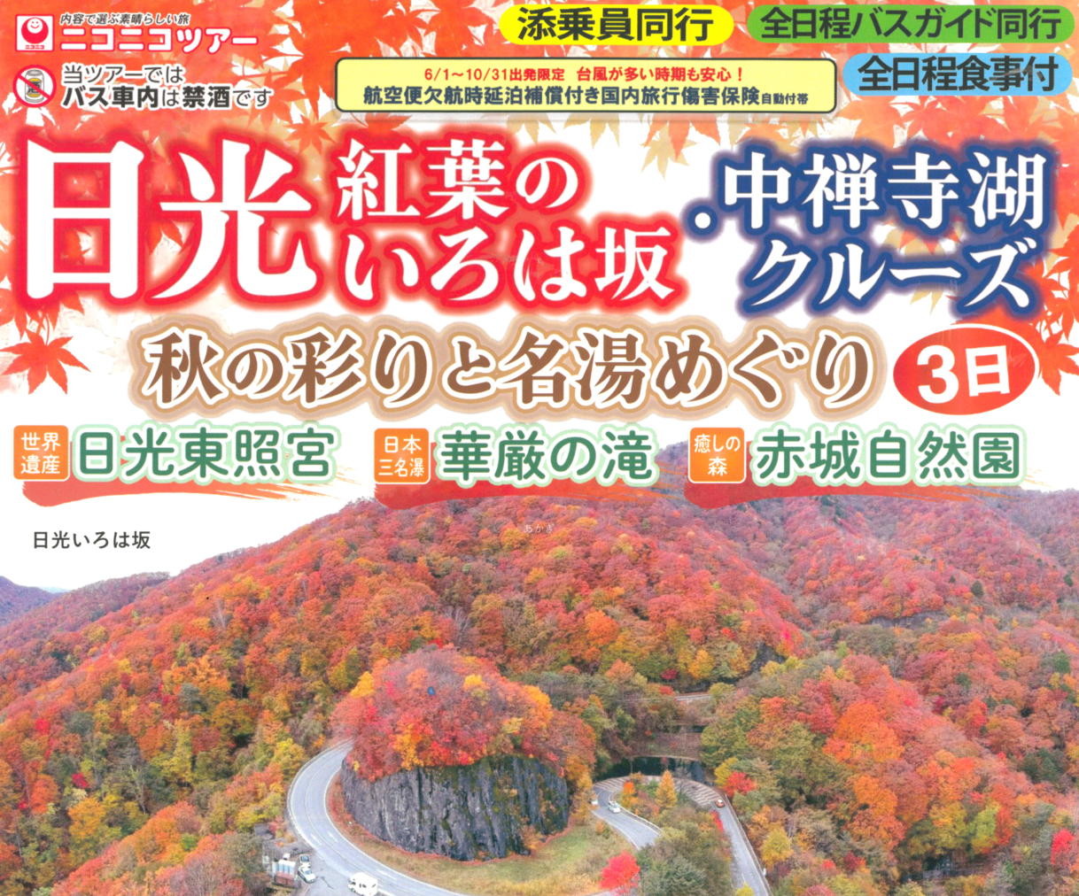 【添乗員同行】日光いろは坂・中禅寺湖クルーズ 秋の味覚狩りと名湯めぐり3日｜那覇空港発【ニコニコツアー】