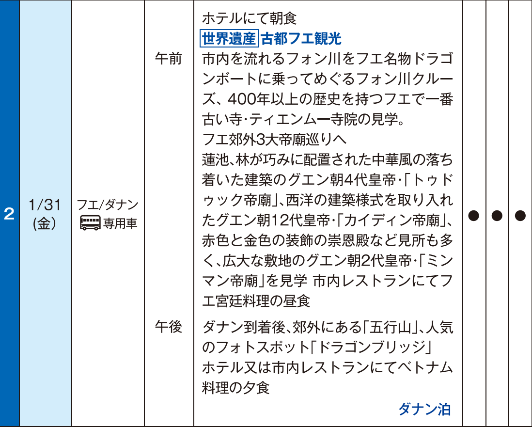 観光付プラン　スケジュール2日目【那覇⇔ダナン】ベトジェット チャーター直行便で行く！　ベトナム中部　ダナン４日間｜那覇空港発着　ベトナムツアー