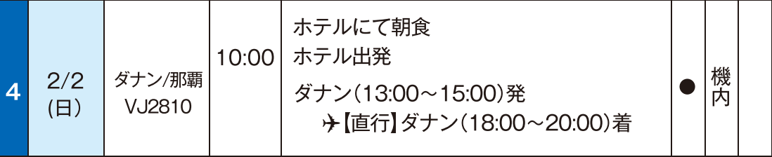 観光付プラン　スケジュール4日目【那覇⇔ダナン】ベトジェット チャーター直行便で行く！　ベトナム中部　ダナン４日間｜那覇空港発着　ベトナムツアー