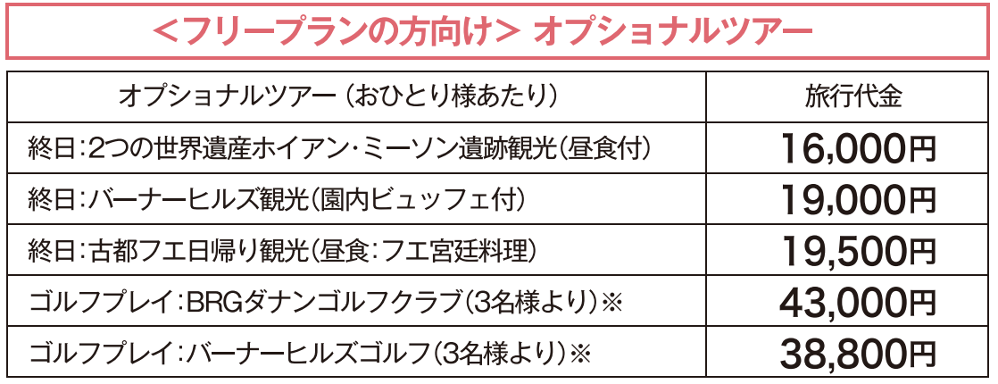 フリープラン　オプショナルツアー料金　【那覇⇔ダナン】ベトジェット チャーター直行便で行く！　ベトナム中部　ダナン４日間｜那覇空港発着　ベトナムツアー