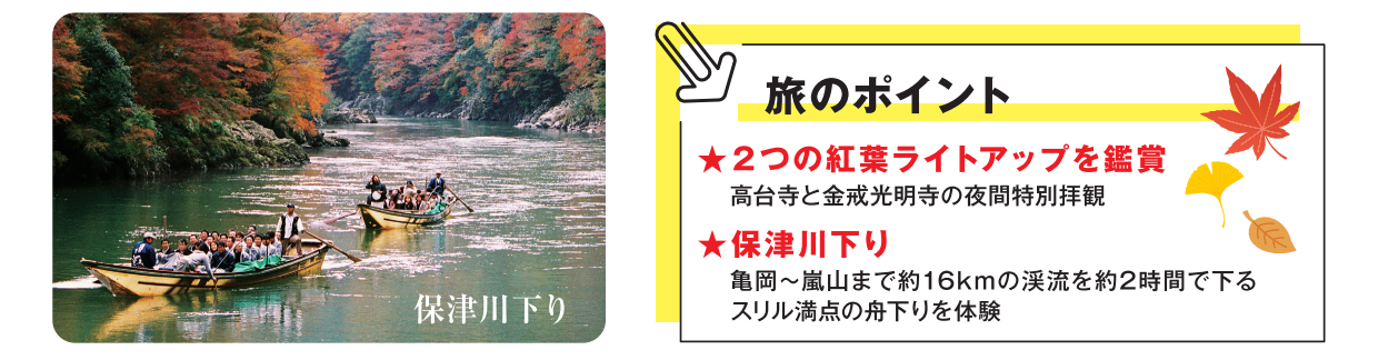 旅のポイント　<添乗員同行>２つの紅葉ライトアップ特別拝観と秋色の保津川下り３日間　那覇発【遊タイムツアー】