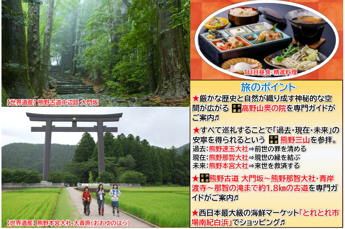 旅のポイント【添乗員同行】世界遺産 高野山と熊野三山聖地巡礼3日間。那覇発着【遊タイムツアー】 旅のポイント【添乗員同行】世界遺産 高野山と熊野三山聖地巡礼3日間。那覇発着【遊タイムツアー】