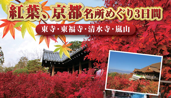 <添乗員同行>紅葉、京都名所めぐり３日間（東寺・東福寺・清水寺・嵐山）　那覇発【遊タイムツアー】