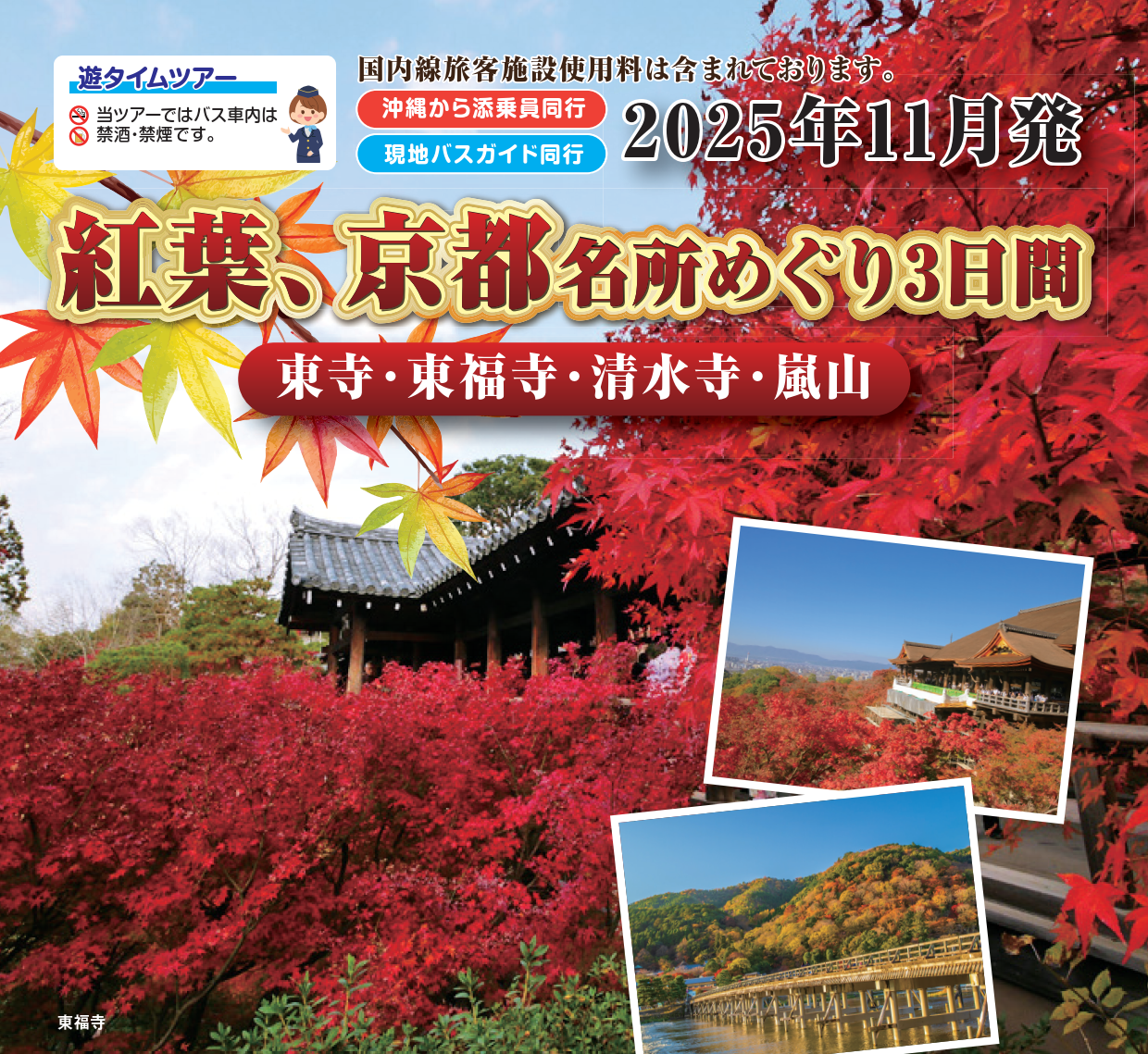 <添乗員同行>紅葉、京都名所めぐり３日間（東寺・東福寺・清水寺・嵐山）　那覇発【遊タイムツアー】