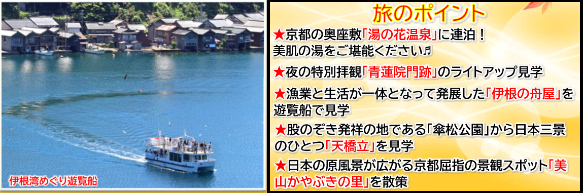 旅のポイント【添乗員同行】特別夜間拝観「青蓮院門跡ライトアップ」と天橋立・伊根湾遊覧3日間　那覇空港発着【遊タイムツアー】