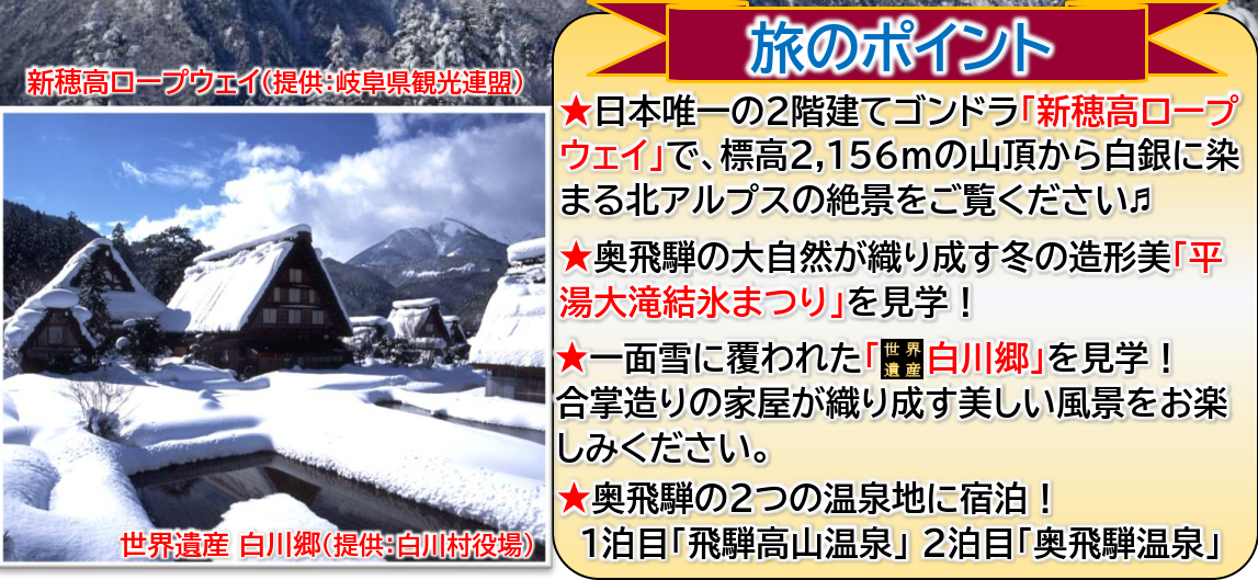 旅のポイント<添乗員同行>新穂高ロープウェイと世界遺産白川郷・飛騨高山冬物語　那覇発【遊タイムツアー】