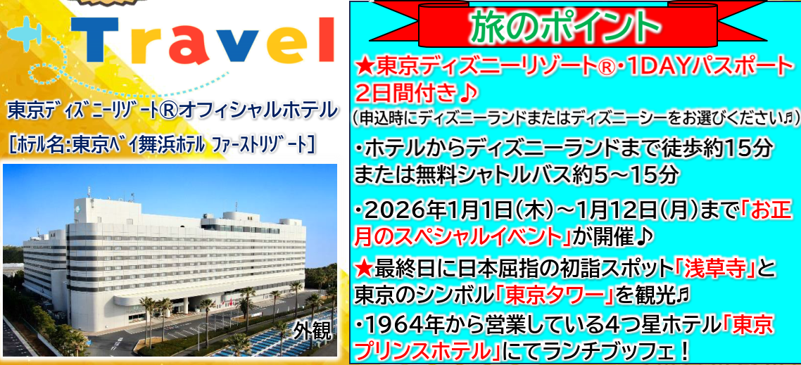 旅のポイント<添乗員同行>12月31日発 夢と希望の新年へ!年越し東京ディズニーリゾート3日間 那覇発【遊タイムツアー】 旅のポイント<添乗員同行>12月31日発 夢と希望の新年へ!年越し東京ディズニーリゾート3日間 那覇発【遊タイムツアー】