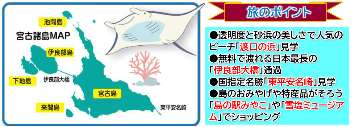 旅のポイント【添乗員同行】宮古満喫2日間~下地島・伊良部島・宮古島・来間島・池間島~5島巡り【遊タイムツアー】 旅のポイント【添乗員同行】宮古満喫2日間~下地島・伊良部島・宮古島・来間島・池間島~5島巡り【遊タイムツアー】