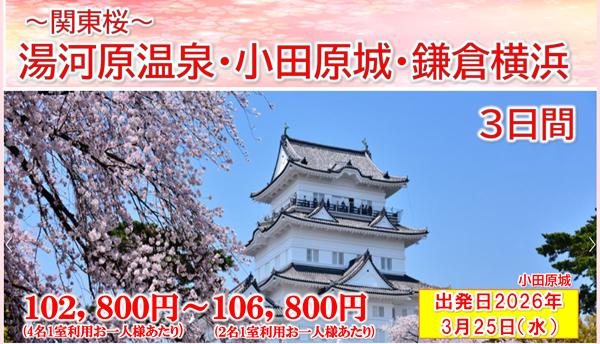 <添乗員同行>～関東桜～湯河原温泉・小田原城・鎌倉横浜３日間　那覇発【遊タイムツアー】