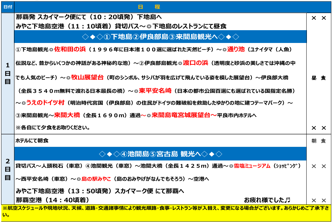 スケジュール 【添乗員同行】宮古満喫2日間~下地島・伊良部島・宮古島・来間島・池間島~5島巡り【遊タイムツアー】 スケジュール 【添乗員同行】宮古満喫2日間~下地島・伊良部島・宮古島・来間島・池間島~5島巡り【遊タイムツアー】