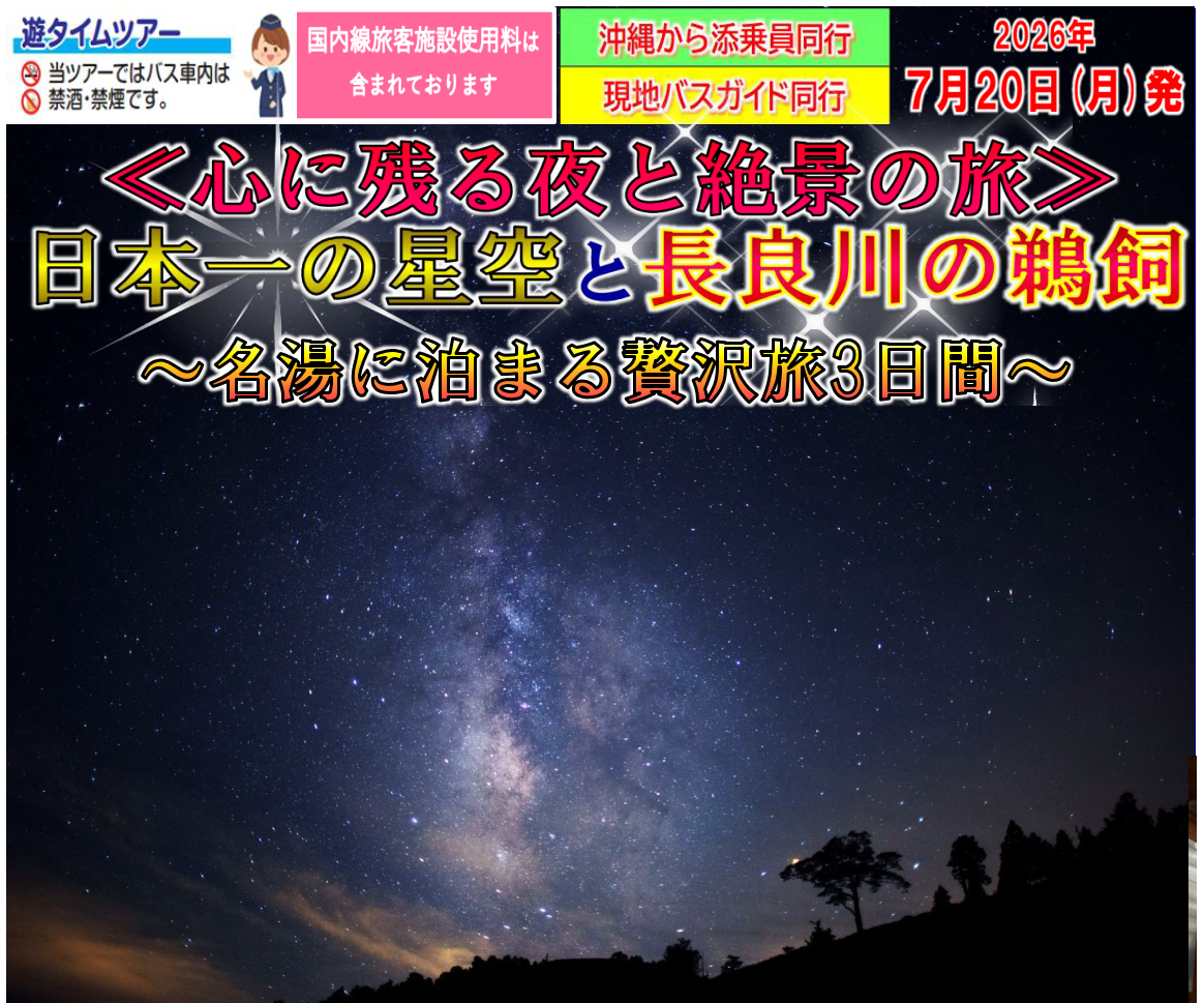 【添乗員同行】心に残る夜と絶景の旅。日本一の星空と長良川の鵜飼い～名湯に泊まる贅沢旅３日間～【遊タイムツアー】