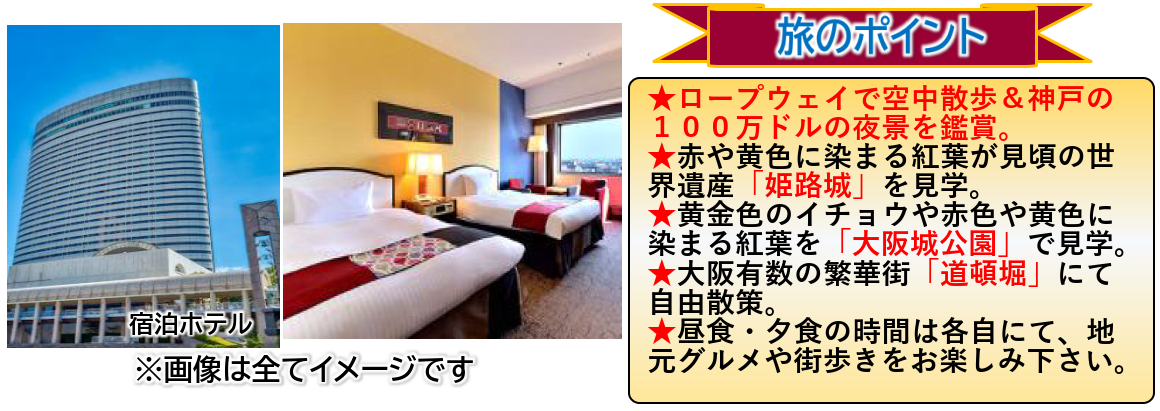 旅のポイント　【添乗員同行】紅葉彩る姫路城・大阪城と異国情緒あふれる神戸をめぐる3日間　那覇空港発着【遊タイムツアー】