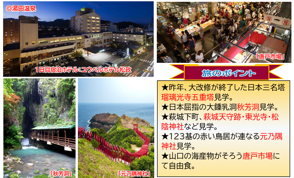 旅のポイント 【添乗員同行】山陰の名湯と萩・元乃隅神社を巡る3日間【遊タイムツアー】 旅のポイント 【添乗員同行】山陰の名湯と萩・元乃隅神社を巡る3日間【遊タイムツアー】