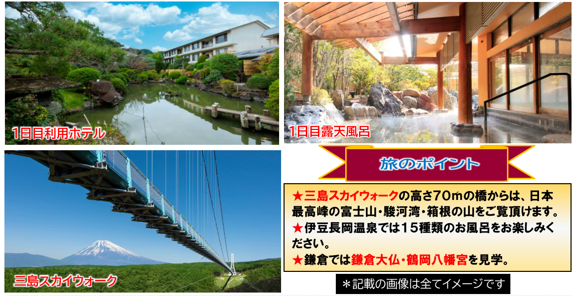 旅のポイント　<添乗員同行>三島スカイウォークと芦ノ湖　鎌倉大仏・横浜をめぐる３日間　那覇発【遊タイムツアー】