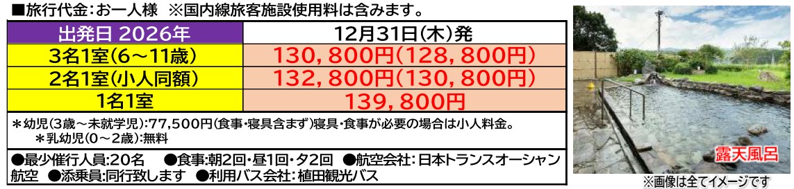 旅行代金 【添乗員同行】年末年始 人吉温泉で過ごす~冬の風物詩「球磨川こたつ舟」と熊本城 霧島神宮初詣3日間~ 那覇発【遊タイムツアー】 旅行代金 【添乗員同行】年末年始 人吉温泉で過ごす~冬の風物詩「球磨川こたつ舟」と熊本城 霧島神宮初詣3日間~ 那覇発【遊タイムツアー】